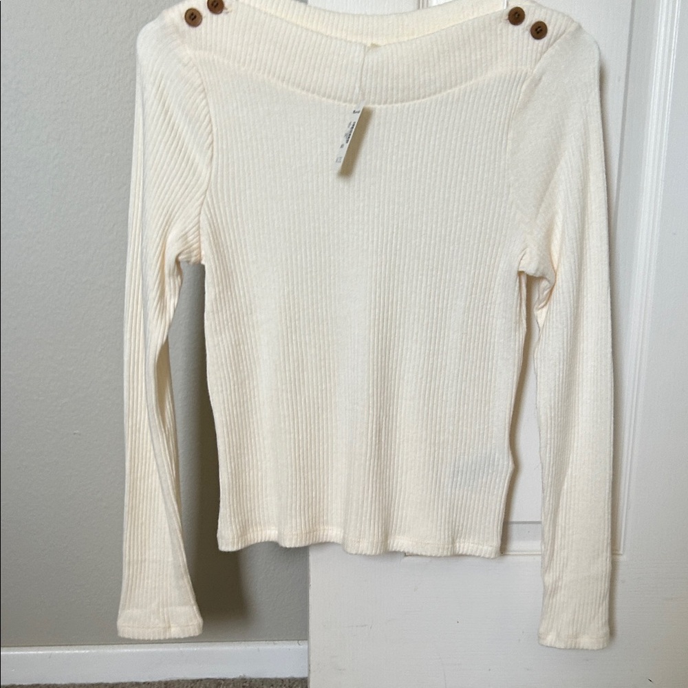 Madewell ivory Ribbed Long Sleeve Top with Button Accents small NWT